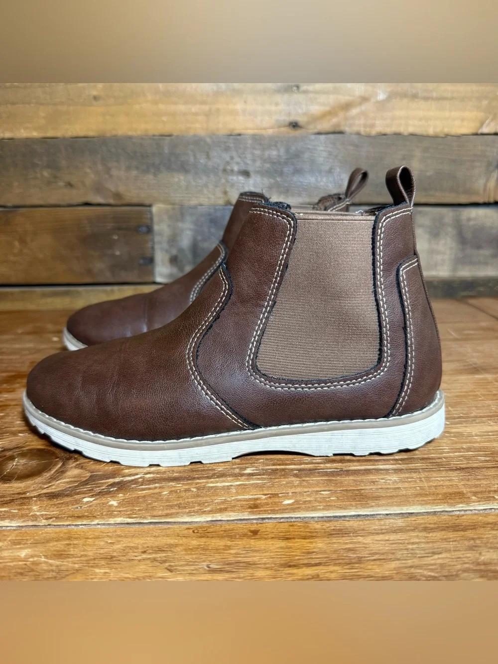 Old Navy Chelsea Boots Kids Size 3 Brown Faux Leather Pull On Ankle Casual